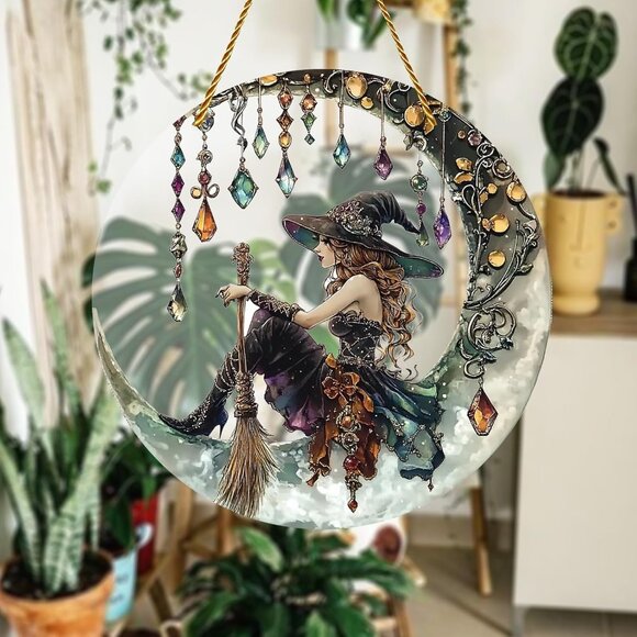 8x8 inch Charming Moonlight Witch Acrylic Stained Glass Window Hanging Sun Catch - Picture 2 of 6